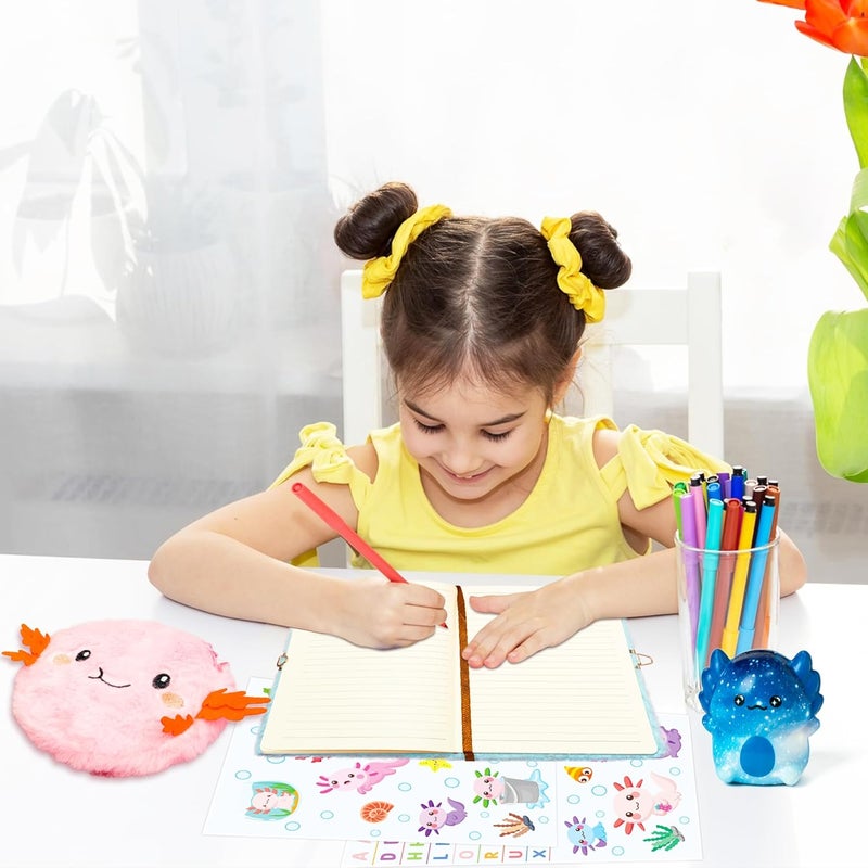 CY2SIDE 6PCS Axolotl Diary with Lock and Keys for Kids, Axolotl Plush Secret Diary Notebook with Coin Purse Pen Stickers and Squeeze Toy, Idea Birthday Christams Gifts for Teen 6 7 8 Girls DIY Gift - Image 5